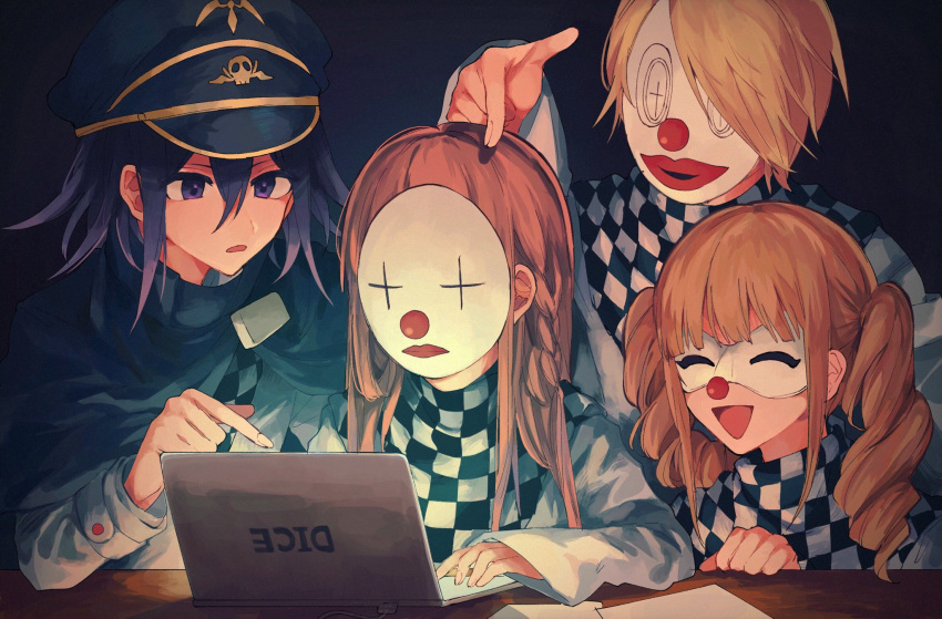 2boys 2girls bangs black_cape black_hair black_headwear blonde_hair brown_hair cape checkered checkered_scarf commentary_request computer dangan_ronpa_(series) dangan_ronpa_v3:_killing_harmony eye_mask hair_between_eyes hat highres jacket kozomezuki laptop long_hair long_sleeves mask multiple_boys multiple_girls open_mouth ouma_kokichi purple_hair scarf short_hair sleeves_past_wrists smile violet_eyes