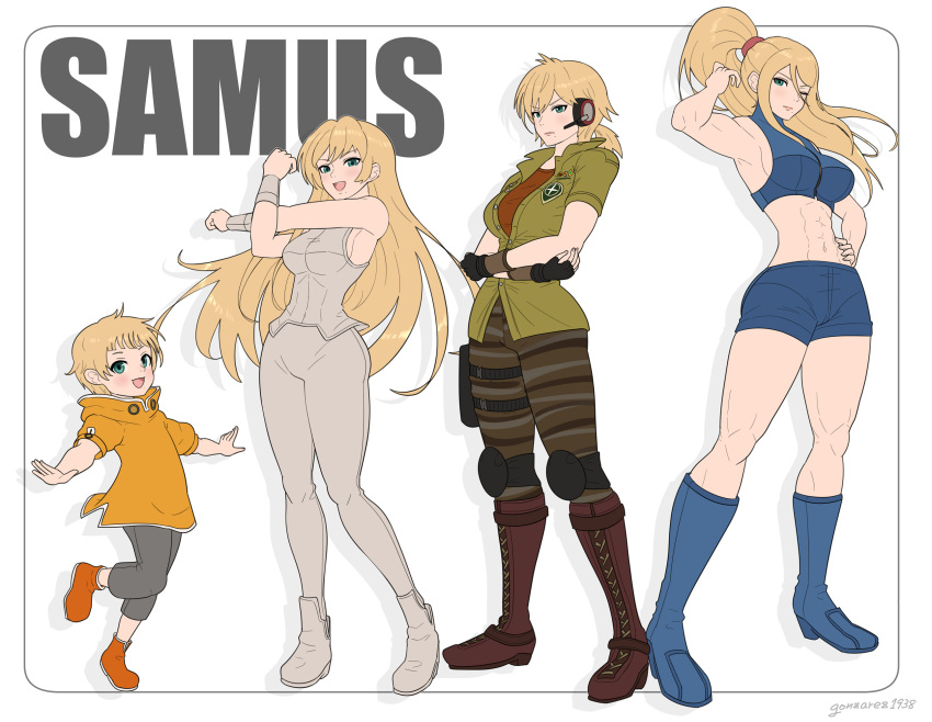 1girl age_progression blonde_hair blue_bodysuit blue_eyes bodysuit breasts closed_mouth crossed_arms dress dual_persona full_body gonzarez highres jacket long_hair looking_at_viewer metroid navel open_mouth ponytail samus_aran shorts smile younger