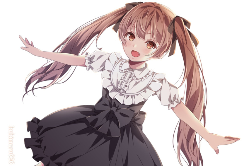 1girl alternate_costume black_dress blouse blush brown_eyes brown_hair brown_ribbon dress eyebrows_visible_through_hair fang frilled_dress frills hair_ornament hair_ribbon kantai_collection kukimaru libeccio_(kantai_collection) long_hair looking_at_viewer open_mouth ribbon shirt short_sleeves simple_background smile solo twintails white_blouse white_shirt