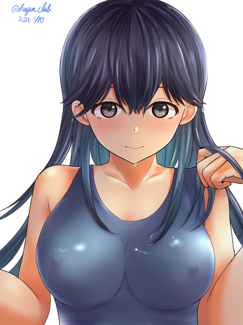 1girl absurdres adjusting_clothes adjusting_swimsuit black_hair blue_swimsuit breasts collarbone covered_nipples dangan_kurabu dated hair_between_eyes highres kantai_collection large_breasts long_hair looking_at_viewer one-piece_swimsuit school_swimsuit simple_background solo sweat swimsuit twitter_username upper_body ushio_(kantai_collection) white_background