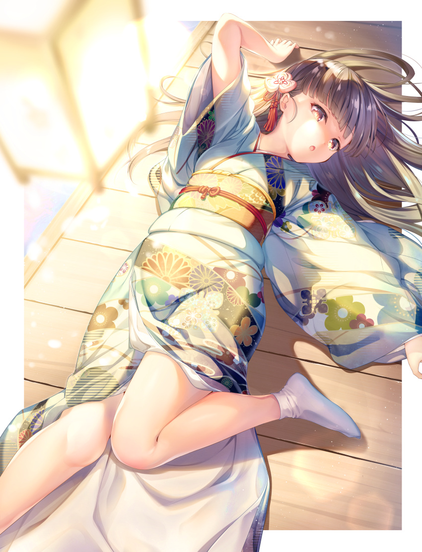 1girl :o absurdres arm_up bangs black_hair blurry blurry_foreground brown_eyes commentary_request depth_of_field eyebrows_visible_through_hair feet_out_of_frame floral_print hair_ornament highres huge_filesize japanese_clothes kimono lantern long_hair long_sleeves looking_at_viewer lying nametakenoko no_shoes obi on_back open_mouth original print_kimono revision sash sleeves_past_wrists socks solo tabi white_kimono white_legwear wide_sleeves