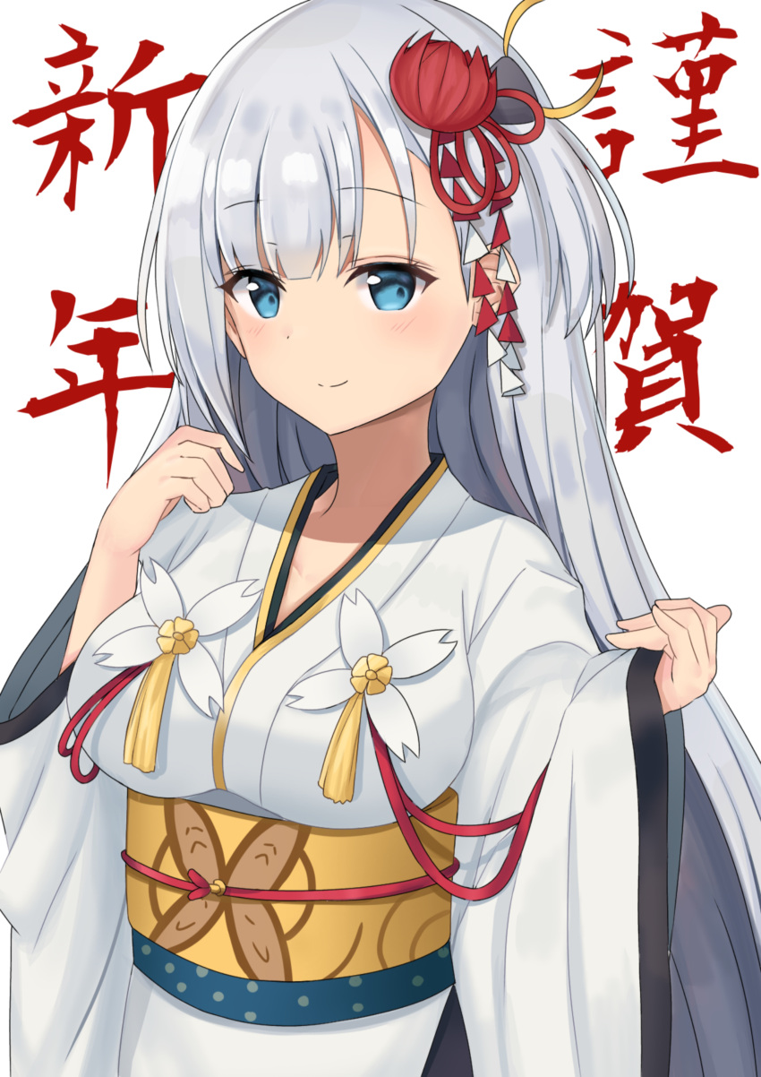 1girl absurdres azur_lane blue_eyes breasts flower hair_flower hair_ornament happy_new_year highres long_hair looking_at_viewer medium_breasts new_year obi red_flower sash shoukaku_(azur_lane) simple_background solo tsukikaze_aki white_background white_hair wide_sleeves yellow_sash