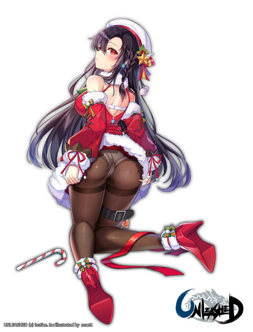 1girl absurdres ass back bangs bare_shoulders beret black_hair braid breasts brown_legwear candy candy_cane christmas closed_mouth detached_sleeves dress food from_behind full_body fur_trim hat high_heels highres kneeling large_breasts leg_belt long_hair long_sleeves looking_at_viewer looking_back maett official_art panties panties_under_pantyhose pantyhose parted_bangs red_dress red_eyes red_footwear red_ribbon ribbon short_dress simple_background solo spaghetti_strap thighband_pantyhose underwear unleashed very_long_hair white_background white_headwear white_panties