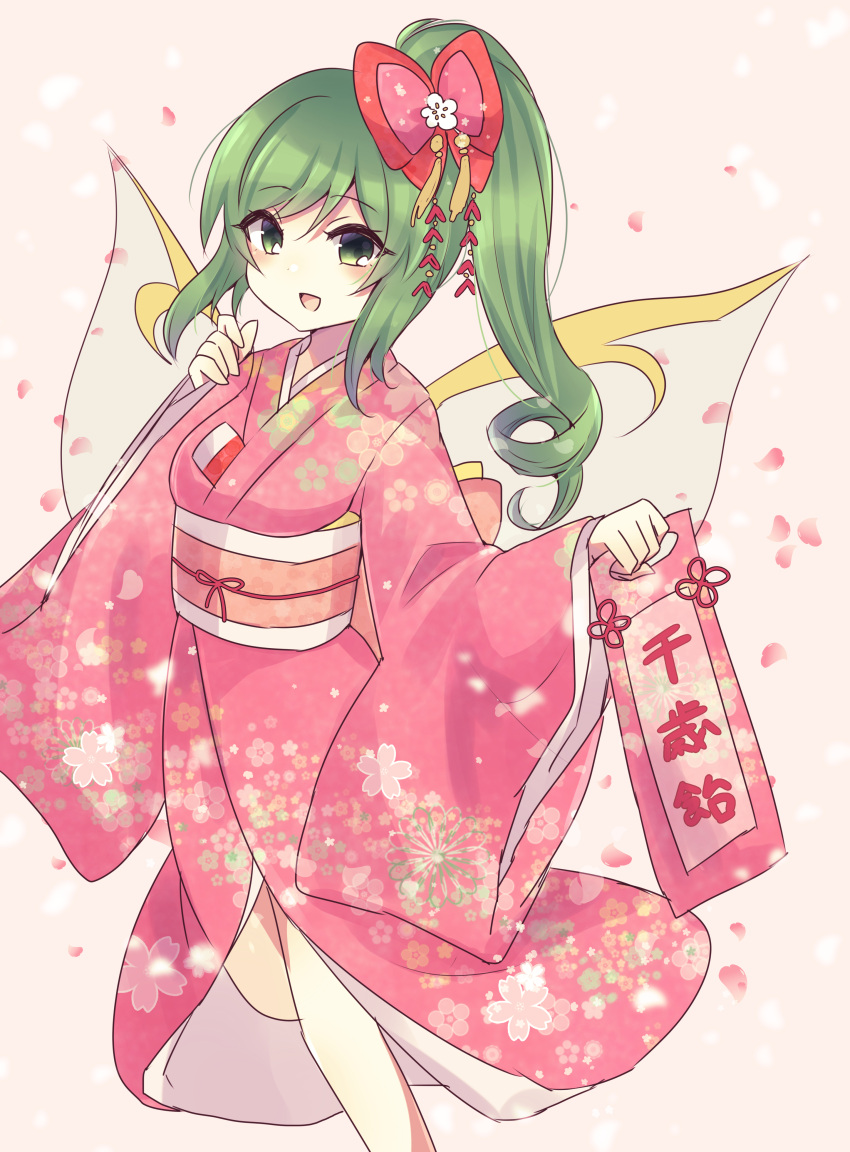 1girl absurdres alternate_costume bag bangs bow candy chitose_ame daiyousei eyebrows_visible_through_hair fairy_wings floral_print food green_eyes hair_bow highres holding holding_bag japanese_clothes kimono long_sleeves looking_at_viewer medium_hair open_mouth petals pink_background pink_kimono ponytail red_bow sash simple_background smile solo standing subaru_(subachoco) touhou white_wings wide_sleeves wings