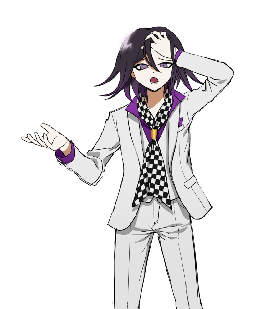 1boy arm_up bangs black_hair checkered checkered_scarf cowboy_shot dangan_ronpa_(series) dangan_ronpa_v3:_killing_harmony grey_jacket grey_pants hair_between_eyes hand_on_forehead hand_up highres jacket long_sleeves looking_at_viewer lower_teeth male_focus messy_hair multicolored_hair no_(xpxz7347) open_mouth ouma_kokichi pants purple_hair scarf shirt simple_background solo standing violet_eyes white_background white_jacket