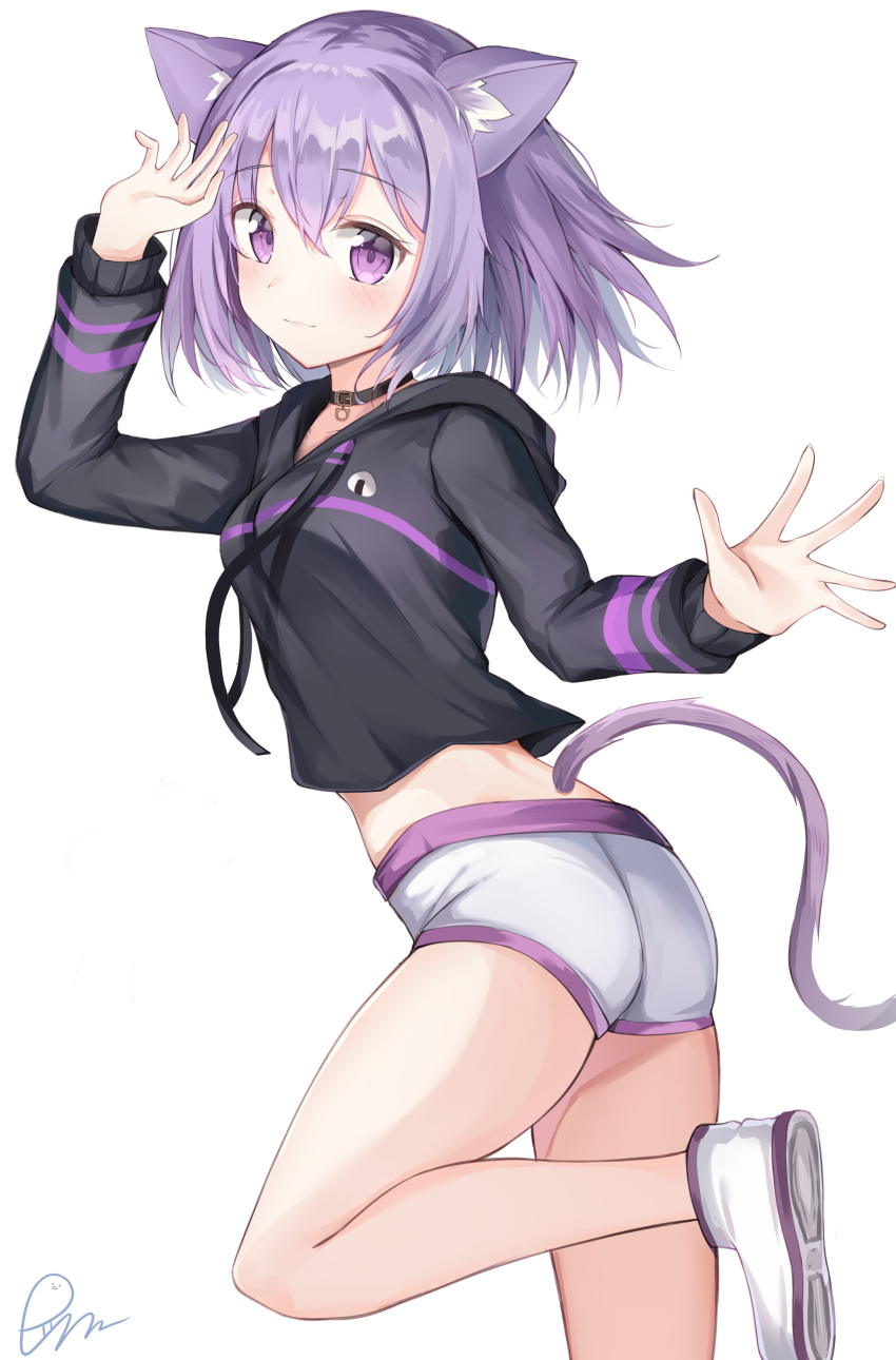 1girl absurdres animal_ear_fluff animal_ears arm_up ass black_coat black_hoodie blush breasts cat_ears cat_girl cat_tail closed_mouth coat commentary_request crop_top drawstring ds_a flat_ass from_side highres hololive hood hood_down hoodie long_sleeves looking_at_viewer looking_to_the_side medium_breasts midriff nekomata_okayu no_socks purple_hair shoe_soles shoes short_shorts shorts signature simple_background solo standing standing_on_one_leg tail violet_eyes virtual_youtuber white_background white_footwear white_shorts