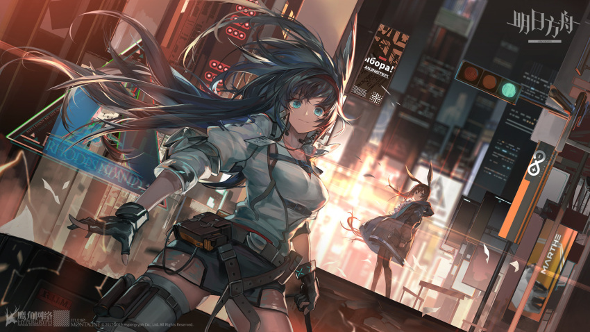 2girls amiya_(arknights) animal_ears arknights belt black_gloves black_hair blaze_(arknights) blue_eyes bow breasts brown_hair dress gloves hair_bow han_yijie highres jacket long_hair multiple_girls official_art smile traffic_light