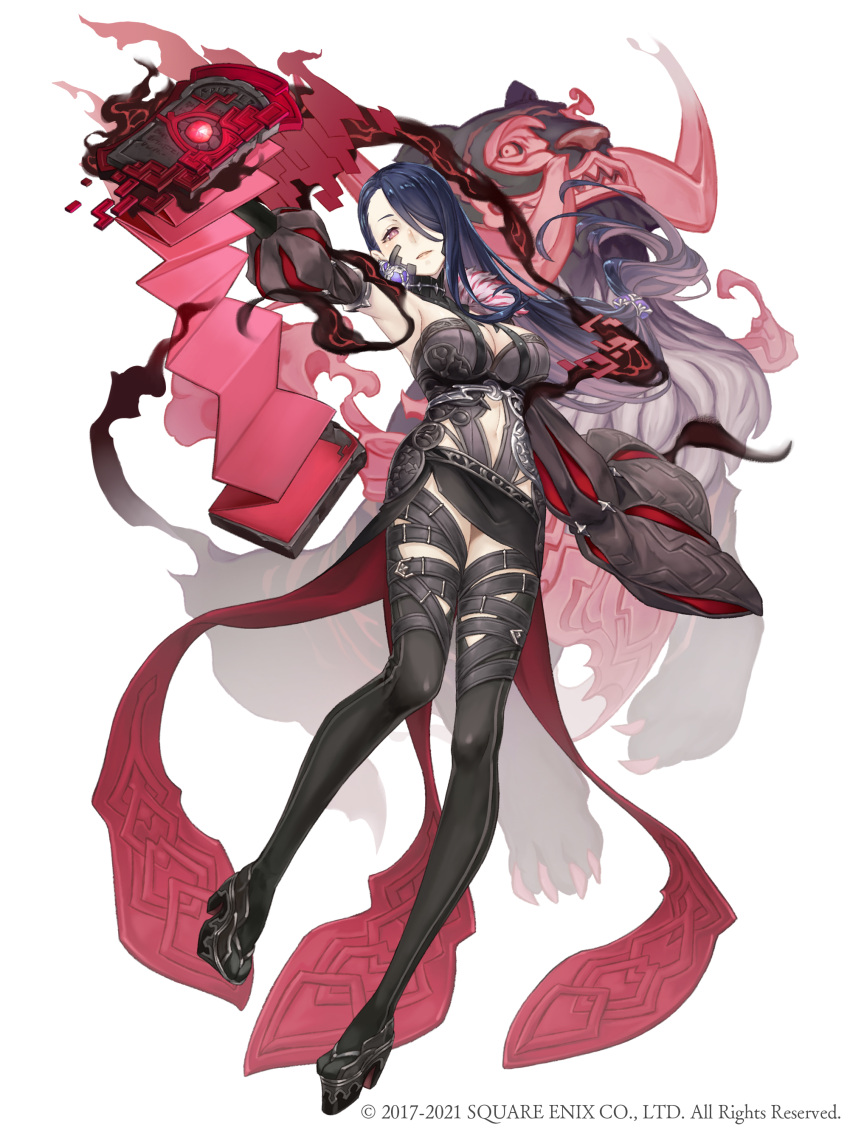 1girl absurdres belt book breasts clothing_cutout dark_blue_hair dark_persona earrings empty_eyes full_body hair_over_one_eye half-nightmare highres jewelry ji_no kaguya_hime_(sinoalice) large_breasts long_hair looking_at_viewer navel_cutout official_art pale_skin parted_lips platform_footwear red_eyes sinoalice solo square_enix thigh-highs white_background