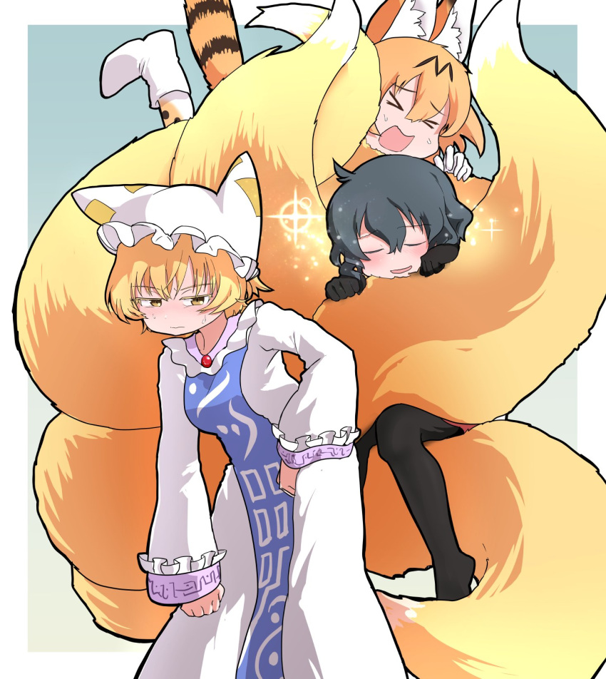 &gt;_&lt; 3girls animal_ears baka-man black_gloves black_legwear blonde_hair blush character_request check_character closed_eyes commentary_request dress eyebrows_visible_through_hair fox_ears fox_tail frilled_sleeves frills gloves highres kaban_(kemono_friends) kemono_friends long_sleeves multiple_girls multiple_tails no_hat no_headwear no_shoes pantyhose print_legwear serval_(kemono_friends) serval_ears serval_print serval_tail short_hair sparkle sweatdrop tail thigh-highs touhou white_dress white_headwear yakumo_ran yellow_eyes