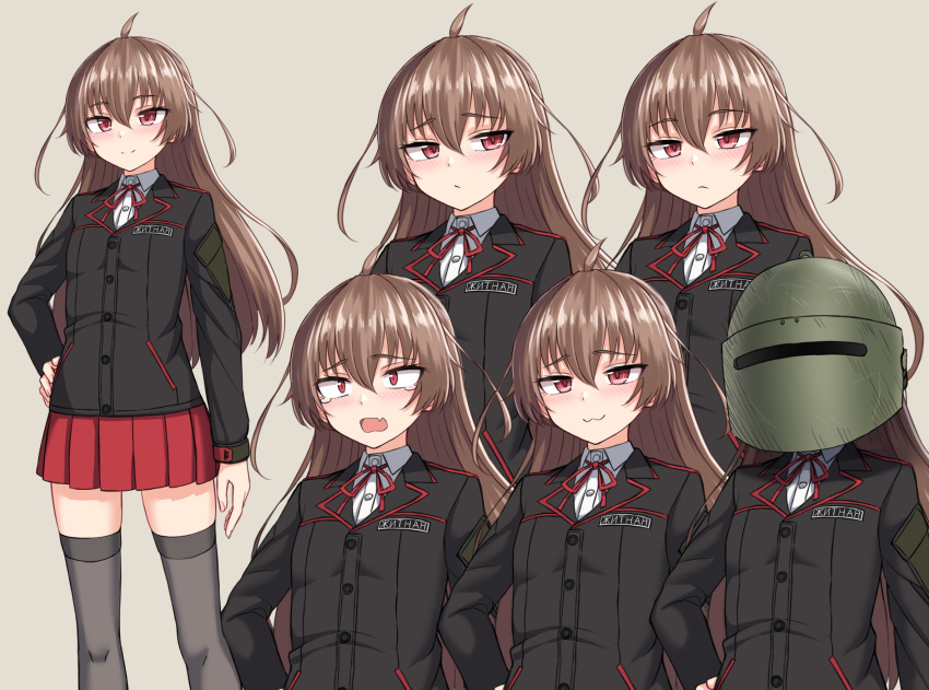 1girl :3 ahoge bangs black_jacket blush brown_hair closed_mouth collared_shirt dress_shirt eyebrows_visible_through_hair fang grey_background grey_legwear hair_between_eyes hand_on_hip helm helmet highres jacket long_hair long_sleeves multiple_views neck_ribbon nose_blush open_mouth original pleated_skirt red_eyes red_ribbon red_skirt ribbon russian_text school_uniform shirt simple_background skirt smile tears thigh-highs translation_request very_long_hair white_shirt yakob_labo