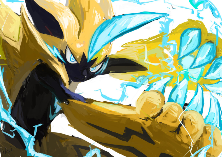 1boy animal_ears animal_nose arms_up artist_name black_fur blue_eyes blue_fur body_fur cat_boy cat_ears claws closed_mouth commentary_request english_commentary gen_7_pokemon half-closed_eyes highres ikei legendary_pokemon male_focus mixed-language_commentary mythical_pokemon outstretched_arms partial_commentary pawpads pokemon pokemon_(creature) signature simple_background sketch solo standing whiskers white_background yellow_fur zeraora