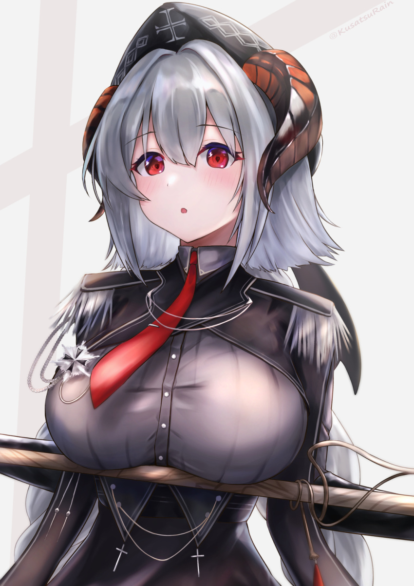 1girl amano_kusatsu artist_name azur_lane braid breast_rest breasts epaulettes framed_breasts grey_hair grey_headwear highres horns horns_through_headwear iron_cross large_breasts long_hair necktie nurnberg_(azur_lane) red_eyes red_neckwear solo twin_braids