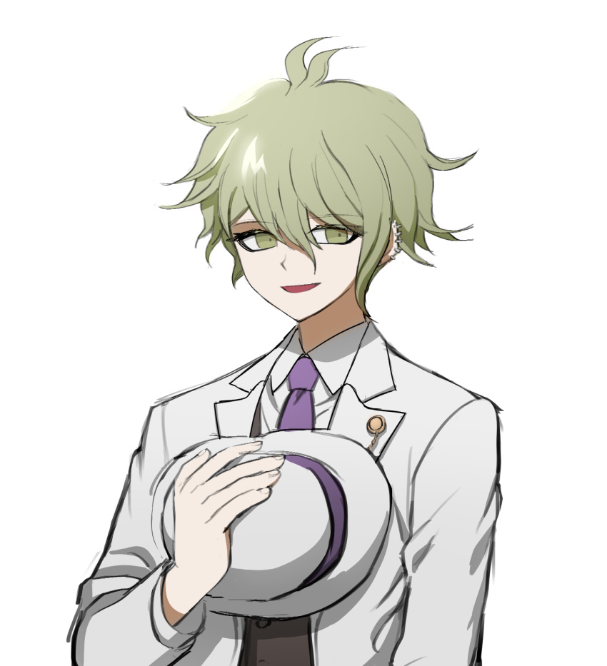 1boy amami_rantarou antenna_hair bangs black_vest collared_shirt dangan_ronpa_(series) dangan_ronpa_v3:_killing_harmony ear_piercing green_eyes green_hair hat hat_removed headwear_removed highres holding holding_clothes holding_hat jacket looking_at_viewer male_focus necktie no_(xpxz7347) official_alternate_costume open_mouth piercing pink_neckwear shirt short_hair simple_background smile vest white_background white_headwear white_jacket white_shirt