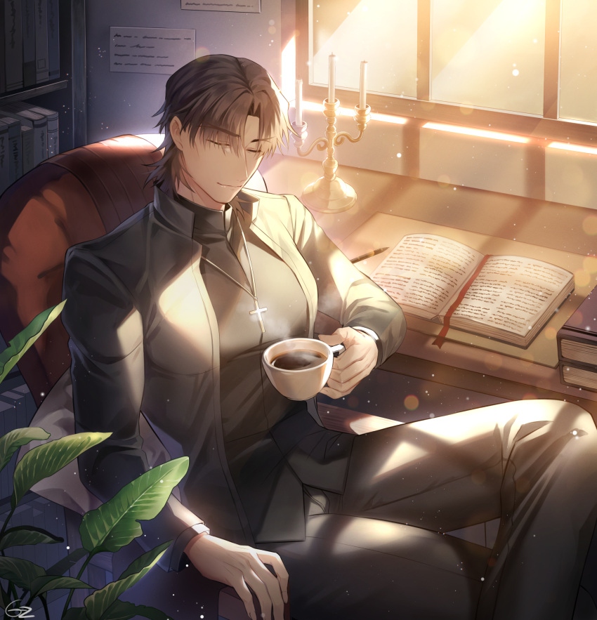 1boy black_jacket black_pants book brown_hair closed_eyes coffee cross cross_necklace crossed_legs cup eyebrows_visible_through_hair fate/stay_night fate_(series) hair_between_eyes hair_intakes highres holding holding_cup indoors jacket jewelry kotomine_kirei lens_flare long_sleeves male_focus necklace open_book open_clothes open_jacket pants rijjin short_hair sitting solo teacup