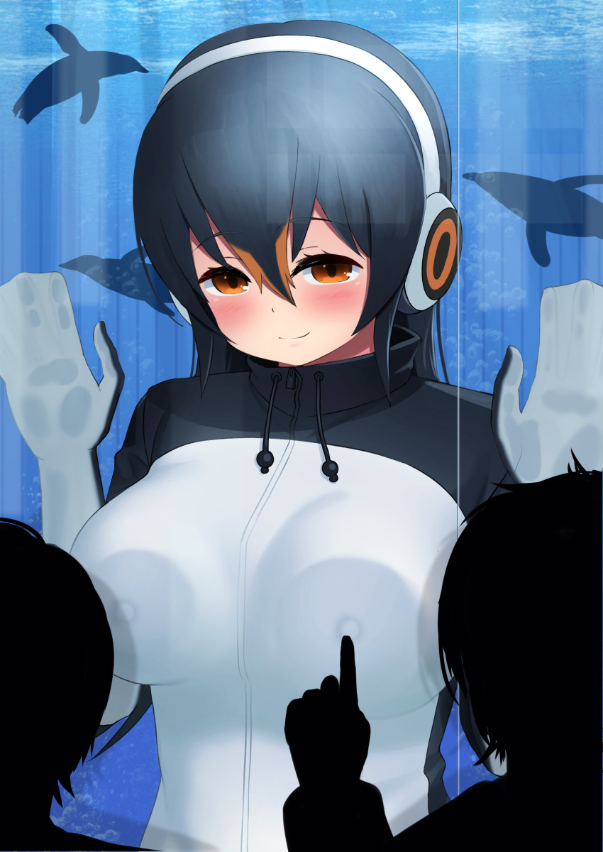 1girl absurdres against_glass air_bubble animal aquarium bangs bird black_hair blush breast_press breasts bubble commentary covered_nipples deku_suke drawstring gentoo_penguin_(kemono_friends) hair_between_eyes headphones highres kemono_friends large_breasts long_hair orange_eyes penguin poking silhouette smile solo_focus underwater upper_body water