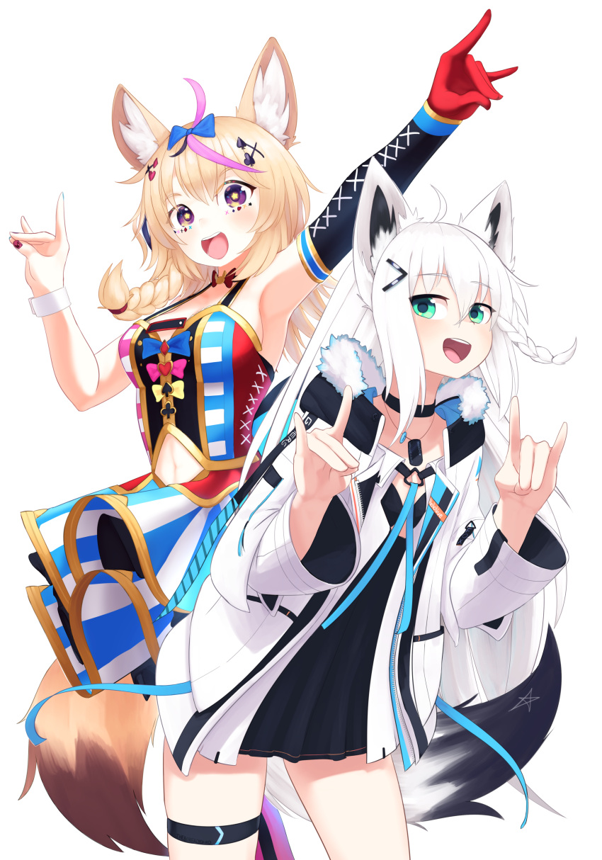 2girls :d absurdres ahoge animal_ears black_choker black_dress blonde_hair blue_skirt braid breasts choker coat dog_tags double_fox_shadow_puppet dress fingernails fox_ears fox_girl fox_shadow_puppet fox_tail fur-trimmed_coat fur_trim gloves green_eyes hair_ornament hairclip highres hololive idol long_hair long_sleeves looking_at_viewer medium_breasts multiple_girls nail_art nail_polish navel official_alternate_costume omaru_polka open_clothes open_coat open_mouth red_gloves red_nails round_teeth shirakami_fubuki side_braid simple_background single_glove skirt smile star-shaped_pupils star_(symbol) striped striped_skirt symbol-shaped_pupils tail teeth upper_teeth vest violet_eyes virtual_youtuber white_background white_coat white_hair wrist_cuffs x_hair_ornament yoako