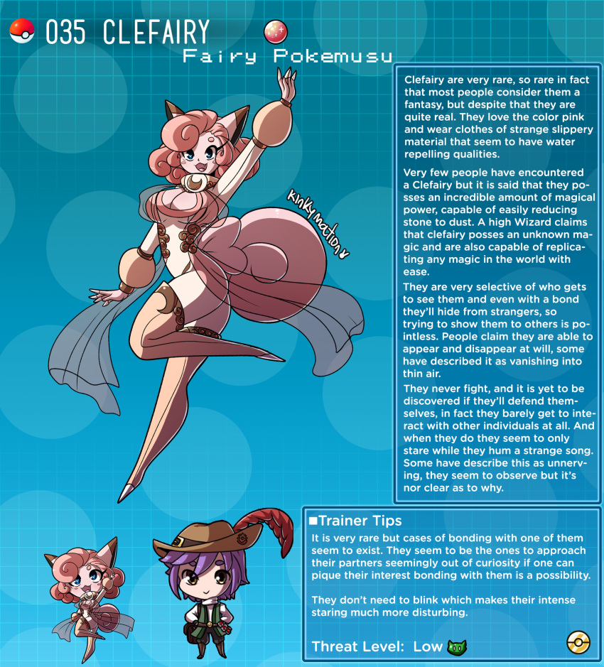 2girls animal_ears arm_up artist_name bangs blue_eyes breasts character_name clefairy closed_mouth english_text full_body gen_1_pokemon hair_between_eyes hat highres kinkymation leg_up long_sleeves looking_at_viewer lower_teeth mars_symbol multiple_girls necktie numbered open_mouth pokemon purple_hair redhead