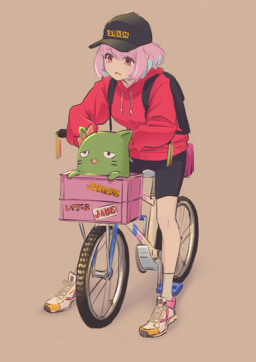 1girl absurdres backpack bag basket bicycle black_bag black_headwear brown_background deg_(deguana) drawstring full_body ground_vehicle hat highres hood hood_down hoodie idolmaster idolmaster_cinderella_girls parted_lips pink_eyes pink_hair red_hoodie shadow shoes short_hair simple_background solo standing white_footwear yumemi_riamu