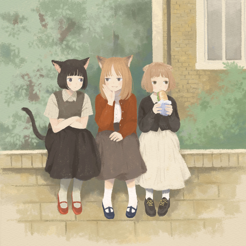 1girl absurdres animal_ears bangs black_footwear black_hair black_shirt black_skirt blonde_hair blue_footwear blunt_bangs building cardigan cat_ears cat_girl cat_tail collared_shirt crossed_arms food grey_skirt grey_vest hand_up highres holding holding_food inoue_haruka_(haruharu210) long_skirt long_sleeves medium_hair original pantyhose plant red_cardigan red_footwear sandwich shirt shoes short_hair sitting skirt socks solo tail tree vest white_legwear white_shirt white_skirt wide_shot