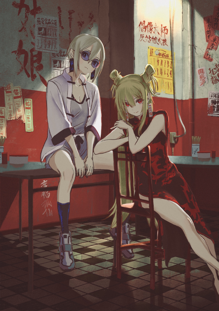 2girls absurdres black_legwear blonde_hair chair deg_(deguana) double_bun dress earrings grey_footwear grey_hair grey_shirt grey_shorts highres idolmaster idolmaster_cinderella_girls indoors jewelry kurosaki_chitose long_hair looking_at_viewer multiple_girls red_dress red_eyes shiomi_shuuko shirt shoes shorts sitting sitting_on_table sleeveless sleeveless_dress socks sunglasses white_shirt