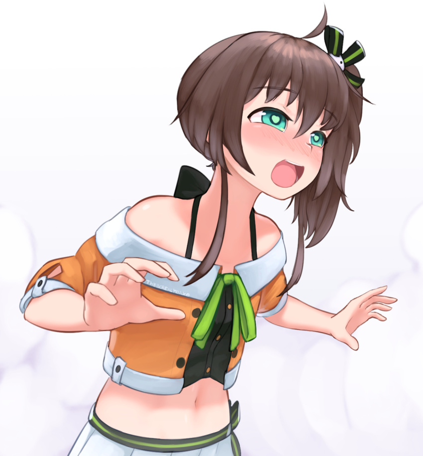 1girl :d ahoge blush brown_hair commentary english_commentary from_side green_eyes green_neckwear green_ribbon groping_motion halterneck heart heart-shaped_pupils highres hololive jacket medium_hair natsuiro_matsuri navel neck_ribbon off-shoulder_jacket one_side_up open_mouth orange_jacket pleated_skirt ribbon skirt smile solo spaghetti_strap symbol-shaped_pupils upper_body virtual_youtuber white_background white_skirt yoako