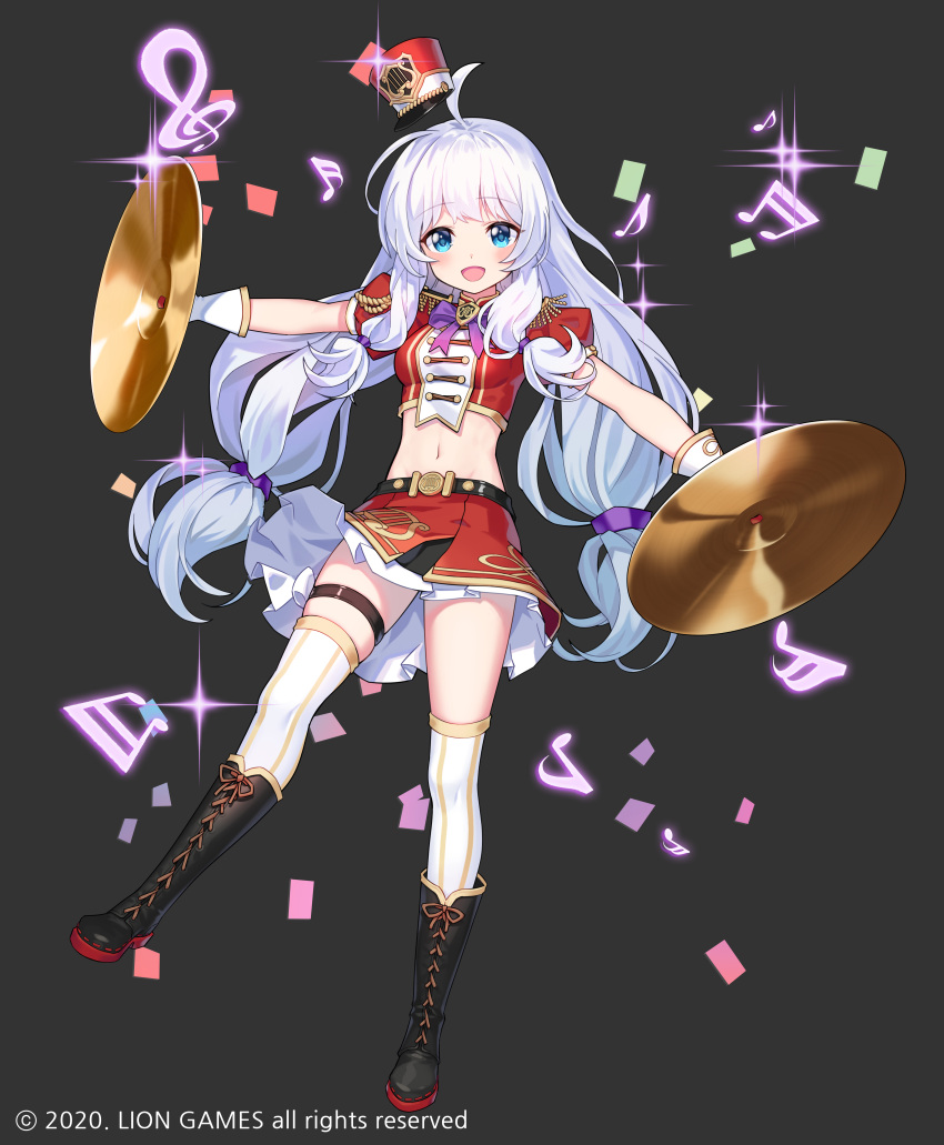 1girl :d absurdres ahoge belt black_footwear blue_eyes boots breasts crop_top cymbals epaulettes full_body gold_trim hat highres holding instrument knee_boots lim_jaejin long_hair looking_at_viewer low_twintails medium_breasts midriff miniskirt navel open_mouth outstretched_arms pleated_skirt red_headwear red_shirt red_skirt shirt short_sleeves skirt smile solo soul_worker stella_unibell stomach thigh-highs thigh_strap thighs twintails very_long_hair white_hair white_legwear zettai_ryouiki
