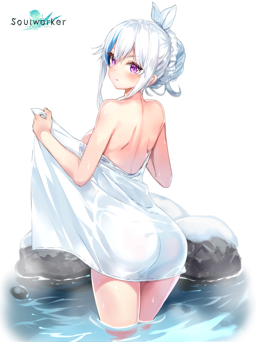 1girl absurdres arched_back ass back bare_arms bare_shoulders breasts closed_mouth ephnel expressionless from_behind hair_ribbon highres large_breasts long_hair looking_at_viewer looking_back multicolored_hair naked_towel official_art onsen ponytail ribbon rock shoulder_blades sidelocks simple_background solo soul_worker standing steam streaked_hair thighs tied_hair towel violet_eyes wading water watermark wet white_background white_hair