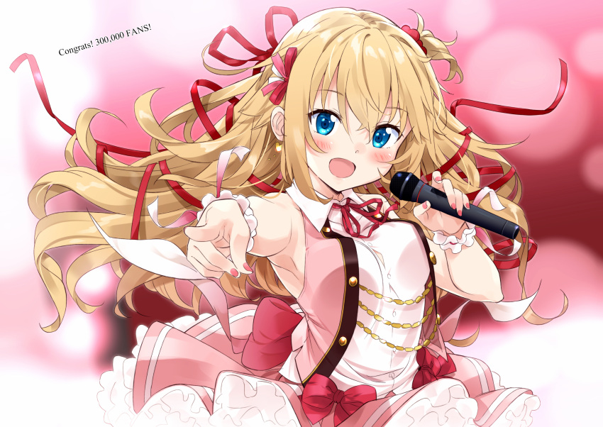 1girl akai_haato bangs blonde_hair blue_eyes blush breasts dress hair_ornament heart highres hololive large_breasts long_hair looking_at_viewer microphone mousou_(mousou_temporary) open_mouth ribbon smile solo virtual_youtuber