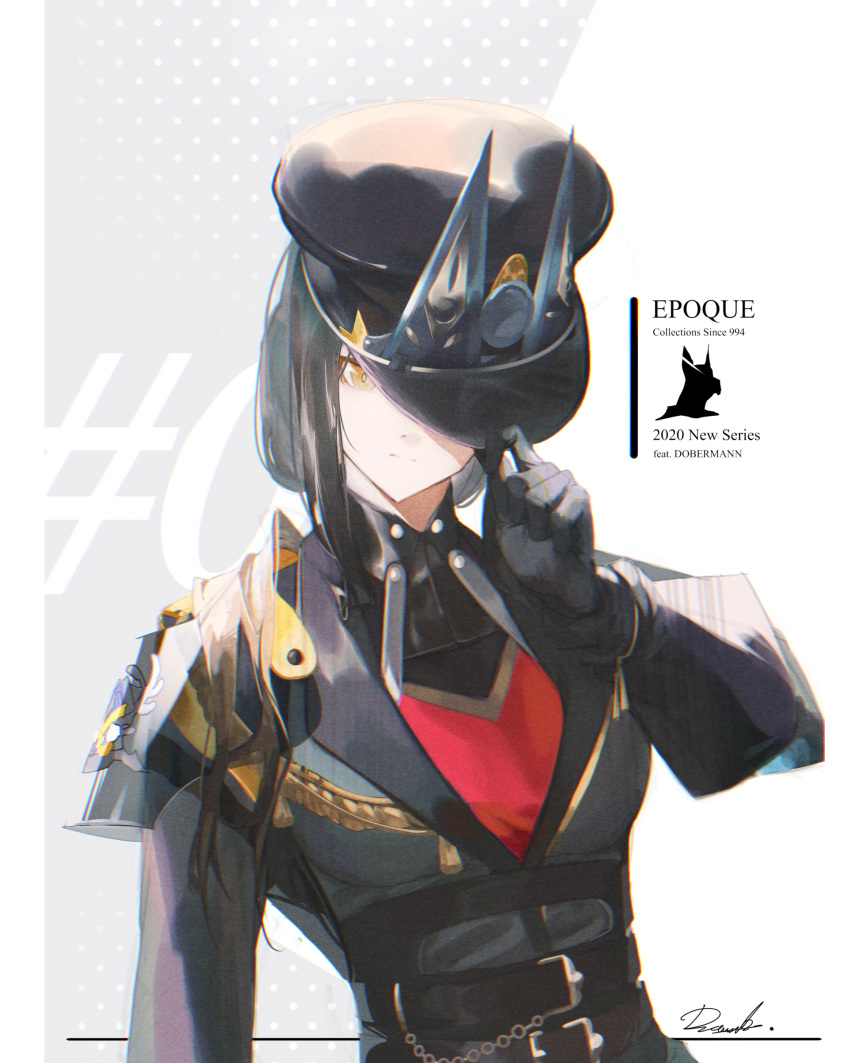 1girl absurdres adjusting_clothes adjusting_headwear arknights black_gloves black_hair black_headwear character_name commentary covering_one_eye darah dobermann_(arknights) dobermann_(ensign)_(arknights) expressionless gloves grey_jacket hand_up hat highres jacket logo long_sleeves military military_uniform official_alternate_costume peaked_cap short_hair sidelocks signature solo uniform upper_body yellow_eyes