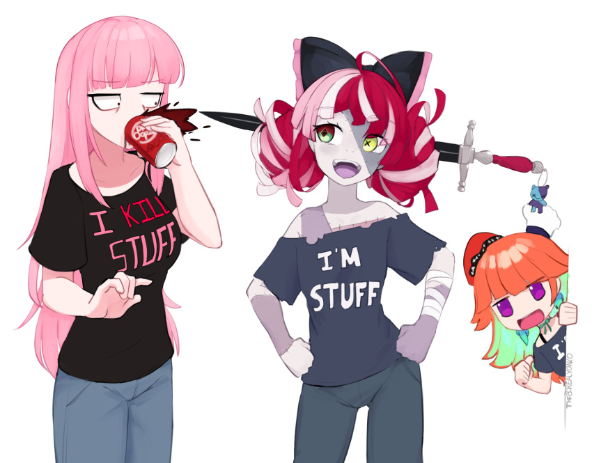 3girls :d bandaged_arm bandages black_bow black_shirt bow brand_name_imitation choker clothes_writing colored_inner_hair colored_skin commentary contrapposto denim diamond-shaped_pupils diamond_(shape) double_bun dr_pepper drinking english_commentary english_text green_choker green_eyes green_hair grey_pants grey_shirt grey_skin hair_bow hat heterochromia highres hololive hololive_indonesia impaled jeans jitome kureiji_ollie long_hair looking_at_another looking_to_the_side mori_calliope multicolored multicolored_hair multicolored_skin multiple_girls off-shoulder_shirt off_shoulder open_mouth orange_hair pants patchwork_skin pink_hair pointing pointing_at_self red_headwear redhead ribbon_choker shirt short_sleeves sideways_glance signature simple_background smile stitched_arm stitched_face streaked_hair sword symbol-shaped_pupils takanashi_kiara violet_eyes virtual_youtuber weapon white_background wide_sleeves x_x yellow_eyes yoako zombie