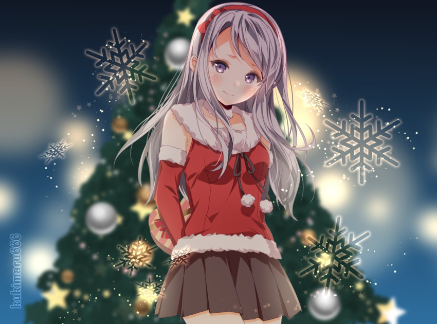 1girl blurry blurry_background blush breasts christmas_tree elbow_gloves eyebrows_visible_through_hair fur_trim gloves hairband headband kantai_collection kukimaru long_hair looking_at_viewer pleated_skirt pom_pom_(clothes) red_gloves red_headband red_shirt sagiri_(kantai_collection) santa_costume shirt silver_hair skirt sleeveless sleeveless_shirt small_breasts smile snowflakes solo violet_eyes