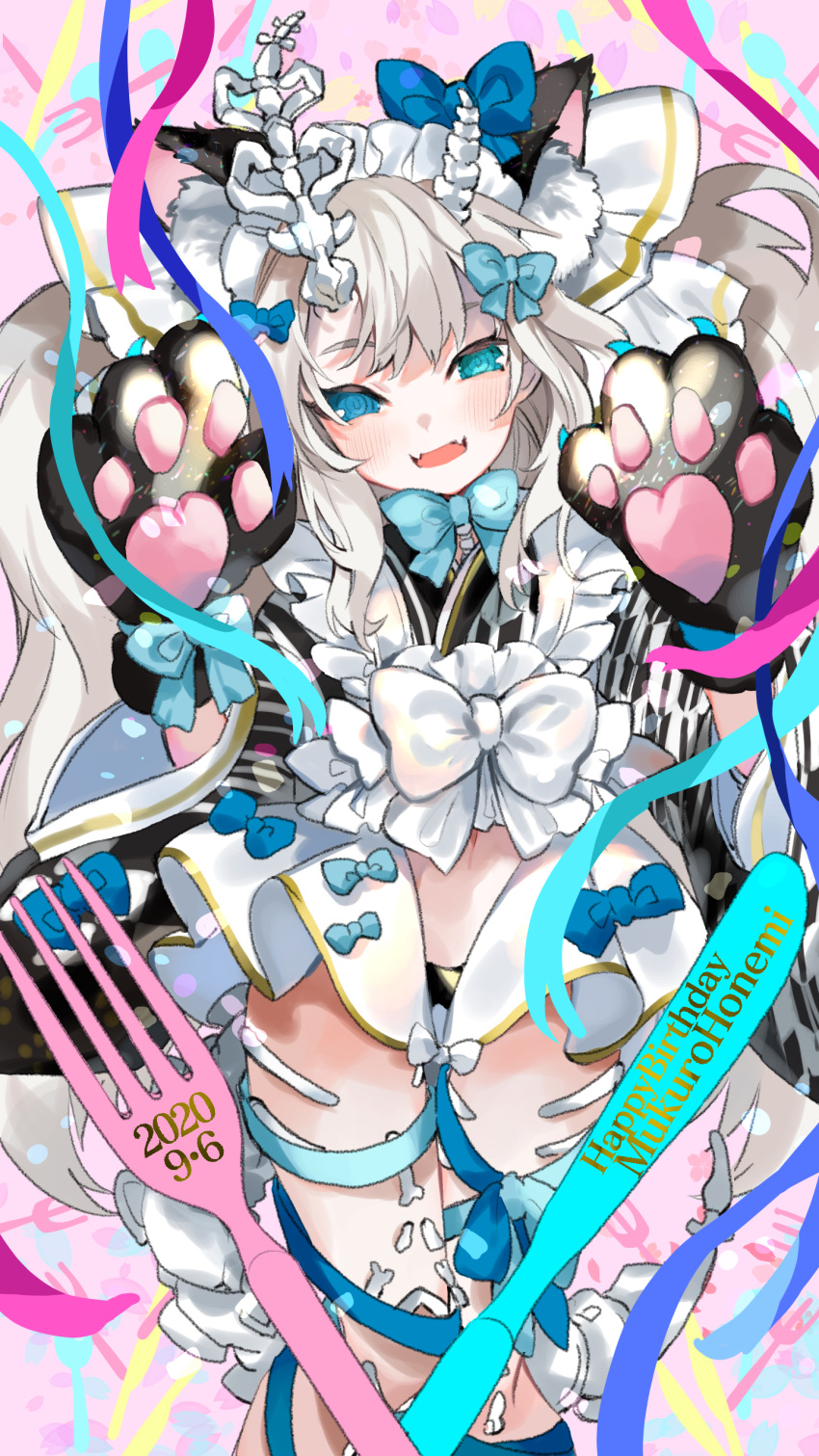 :d aano_(10bit) absurdres animal_ear_fluff animal_ears asymmetrical_horns bangs black_gloves black_kimono black_panties blue_bow blue_ribbon blush bone_horns bone_tail bow cat_ears character_name dated eyebrows_behind_hair fangs gloves hair_bow hands_up happy_birthday highres honemi_mukuro horns indie_virtual_youtuber japanese_clothes kimono looking_at_viewer maid_headdress official_art open_mouth panties paw_gloves paws petals pink_background pink_ribbon ribbon silver_hair skeleton smile standing striped underwear virtual_youtuber white_bow yagasuri