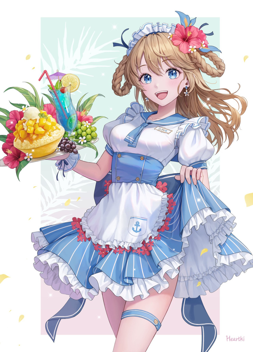 1girl :d anchor_print anchor_symbol apron artist_name ascot blue_dress blue_eyes blue_neckwear blue_ribbon blush braid breasts cocktail_glass commentary_request cowboy_shot cup dress drink drinking_glass drinking_straw earrings eyebrows_visible_through_hair falling_petals floral_background flower flower_earrings food frills fruit grapes hair_ribbon hair_rings heartki hibiscus highres holding holding_tray jewelry korean_commentary legband lemon lemon_slice lifted_by_self light_brown_hair long_hair looking_at_viewer maid_apron maid_headdress mango medium_breasts open_mouth original periwinkle_(flower) petals petticoat puffy_short_sleeves puffy_sleeves red_flower ribbon short_sleeves simple_background skirt skirt_lift smile solo sparkle standing tray white_apron white_background white_flower white_headwear yellow_flower