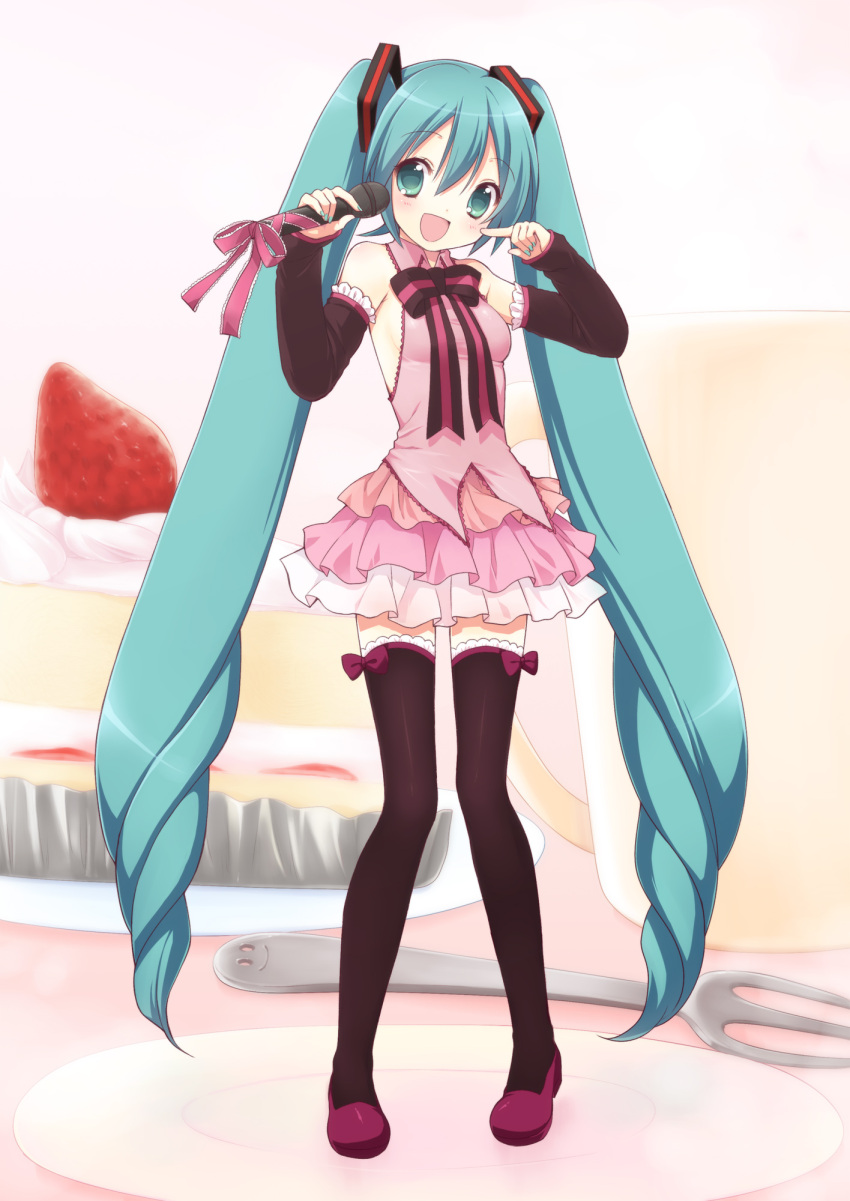 1girl adapted_costume aqua_eyes aqua_hair arm_warmers bare_shoulders bow cake dress drill_hair food fork fruit hatsune_miku highres in_food legs long_hair mani microphone minigirl nail_polish open_mouth pastry pointing smile solo strawberry thigh-highs thighhighs twintails very_long_hair vocaloid zettai_ryouiki