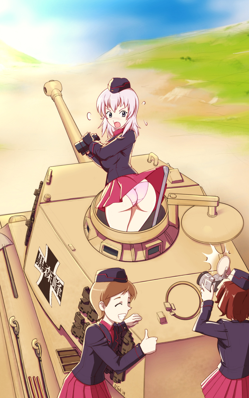 3girls absurdres actas_(studio) ass blue_eyes blush breasts brown_hair closed_eyes girls_und_panzer grin ground_vehicle hat highres inisipis itsumi_erika kuromorimine_military_uniform large_breasts looking_back media_factory military military_uniform military_vehicle motor_vehicle multiple_girls open_mouth outdoors panties pink_panties red_skirt short_hair skirt skirt_lift sky smile surprised sweatdrop taking_picture tank teeth thumbs_up tongue underwear uniform what white_hair