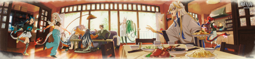 4boys 4girls absurdres arknights black_hair blonde_hair blue_hair chongyue_(arknights) dragon_boy dragon_girl dragon_horns dragon_tail dusk_(arknights) grey_hair highres horns indoors ji_(arknights) ling_(arknights) long_hair multicolored_hair multiple_boys multiple_girls nian_(arknights) pointy_ears red_hair short_hair shu_(arknights) siblings tail tomato_(lsj44867) two-tone_hair wide_image yi_(arknights) yu_(arknights)