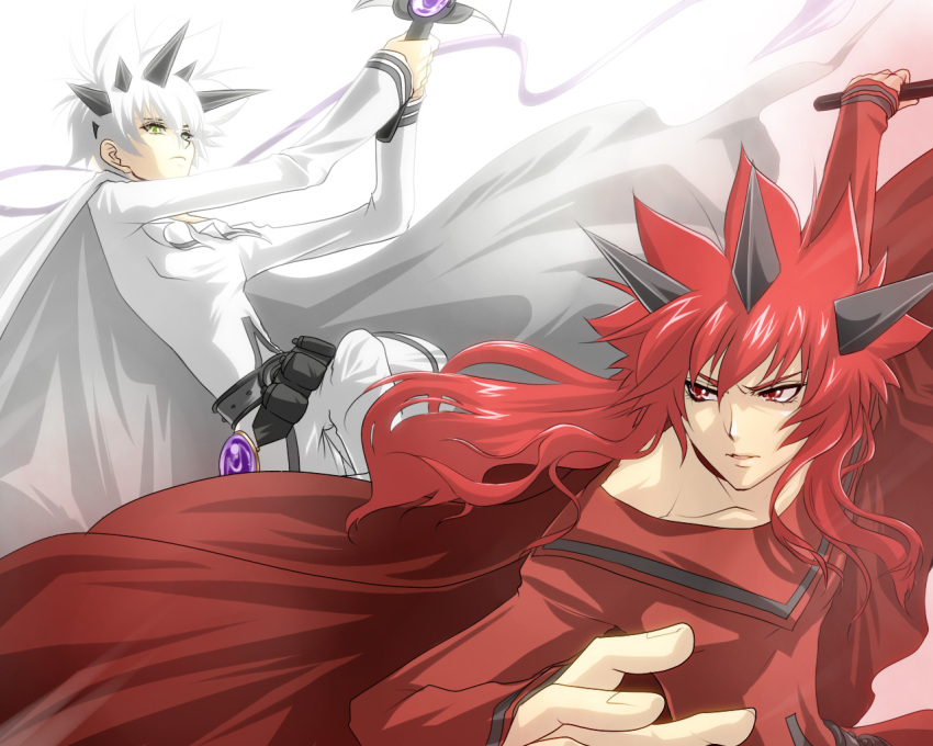 brothers chona final_fantasy final_fantasy_unlimited green_eyes male red_eyes red_hair shiroi_kumo siblings sword wallpaper weapon white_hair