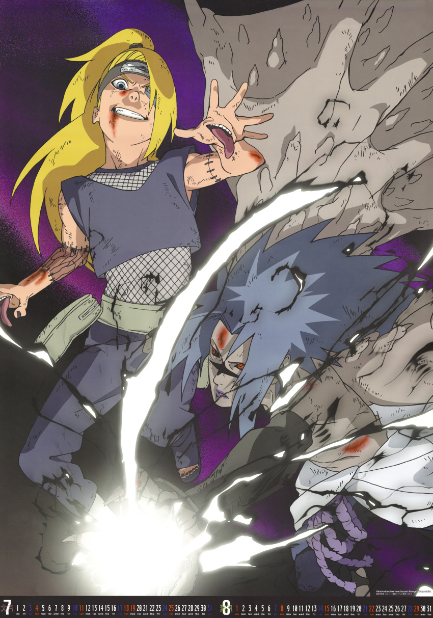 bag blonde_hair blood blue_eyes calendar crop_top dark_skin deidara duo fight fishnets grey_hair hair_ribbon light lipstick long_fingernails long_hair male nail_polish naruto open_mouth ponytail red_eyes ribbon sandals sharingan spiky_hair teeth tongue uchiha_sasuke wings