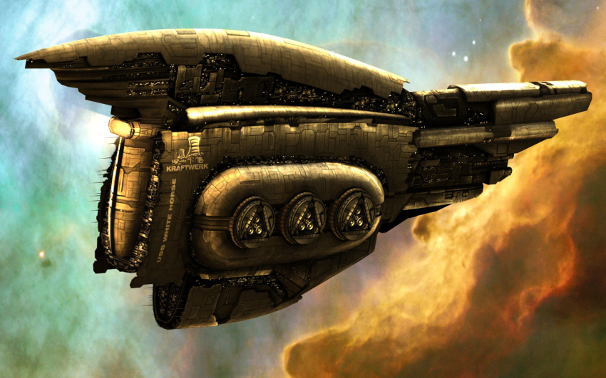 amarr_empire_(eve_online) capital_ship_(eve_online) carthum_conglomerate_(eve_online) clouds combat_ship_(eve_online) commentary dreadnought_(eve_online) english_commentary english_text eve_online glowing hangar highres military_vehicle nebula no_humans outdoors realistic revelation_(eve_online) science_fiction space star_(sky) text_print vankaiser vehicle_focus