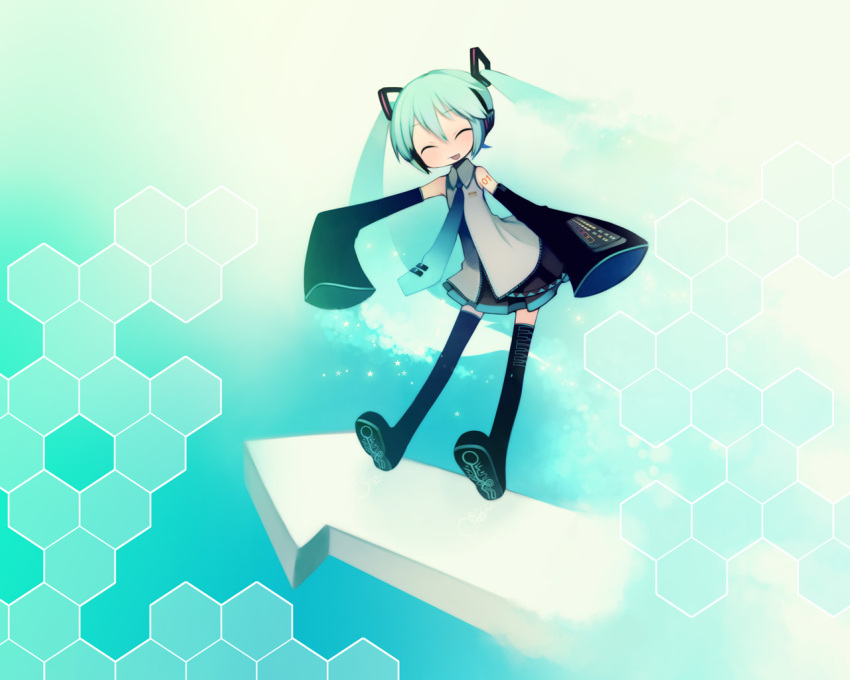 boots closed_eyes cyan detached_sleeves hatsune_miku headphones long_hair necktie puti_devil skirt solo standing thigh_boots thighhighs twintails very_long_hair vocaloid wallpaper