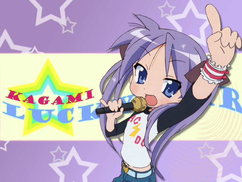 highres hiiragi_kagami long_hair lucky_star microphone open_mouth pointing purple_eyes purple_hair raglan_sleeves singing solo star twintails wallpaper