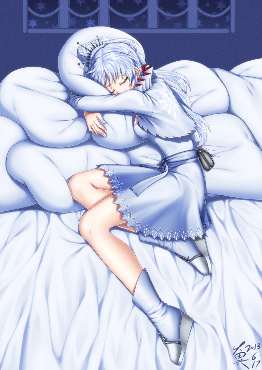 1girl absurdres bed_sheet closed_eyes dress hair_ornament highres logo long_hair pillow ponytail ribbon rwby scar signature sleeping snowflakes solo tagme weiss_schnee white_hair zerg309