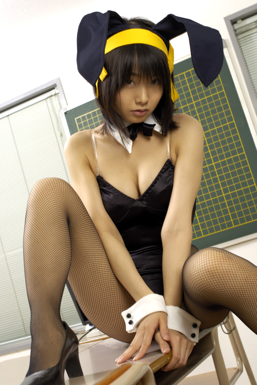 animal_ears rabbit_ears classroom cosplay fishnet_stockings hair_ribbons leotard matsunaga_ayaka photo suzumiya_haruhi suzumiya_haruhi_no_yuuutsu