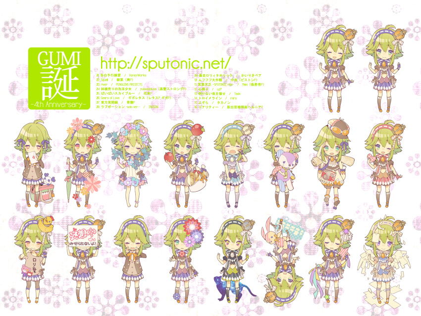 alternate_costume apple basket blush chibi closed_eyes crying food fruit green_eyes green_hair gumi hairband heart highres kneehighs letter macco midriff mini_crown outstretched_arm saliva school_uniform short_hair smile stuffed_animal stuffed_bunny stuffed_toy sunglasses tears violet_eyes vocaloid wings wink