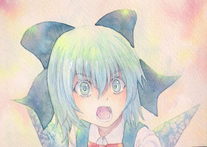 1girl blue_eyes blue_hair bow cirno highres ice ice_wings open_mouth solo touhou traditional_media watercolor_(medium) wings yuyu_(00365676)