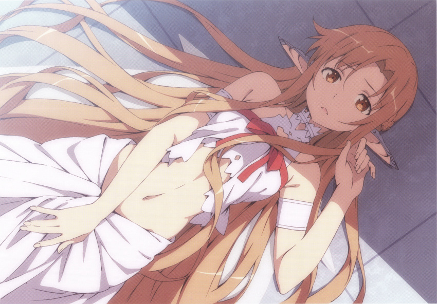 1girl absurdres asuna_(sao) bare_shoulders brown_eyes brown_hair dress ear_covers elf highres kanzaki_hiro long_hair looking_at_viewer lying midriff navel on_back open_mouth parted_lips pointy_ears ribbon scan solo sword_art_online titania_(sao) very_long_hair yuuki_asuna