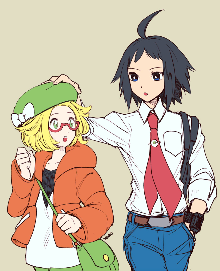 1boy 1girl adjusting_another's_clothes adjusting_clothes adjusting_headwear bag bianca_(pokemon) black_hair blonde_hair blue_eyes breast_pocket cheren_(pokemon) collared_shirt green_eyes hand_in_pocket hat highres looking_at_another necktie open_mouth pocket pokemon pokemon_(game) pokemon_bw2 shirt xtransceiver yo_mo