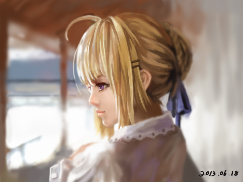 1girl ahoge blonde_hair dated fate/stay_night fate_(series) forminori highres realistic saber solo violet_eyes