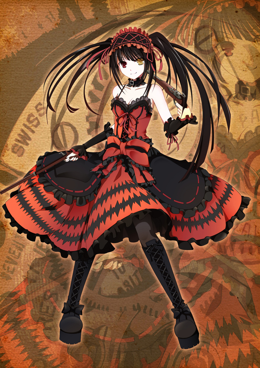 1girl absurdres bare_shoulders black_hair boots breasts cleavage clock_eyed date_a_live dress hairband heterochromia highres lac lolita_fashion lolita_hairband long_hair looking_at_viewer red_eyes ribbon smile solo tagme tokisaki_kurumi twintails yellow_eyes