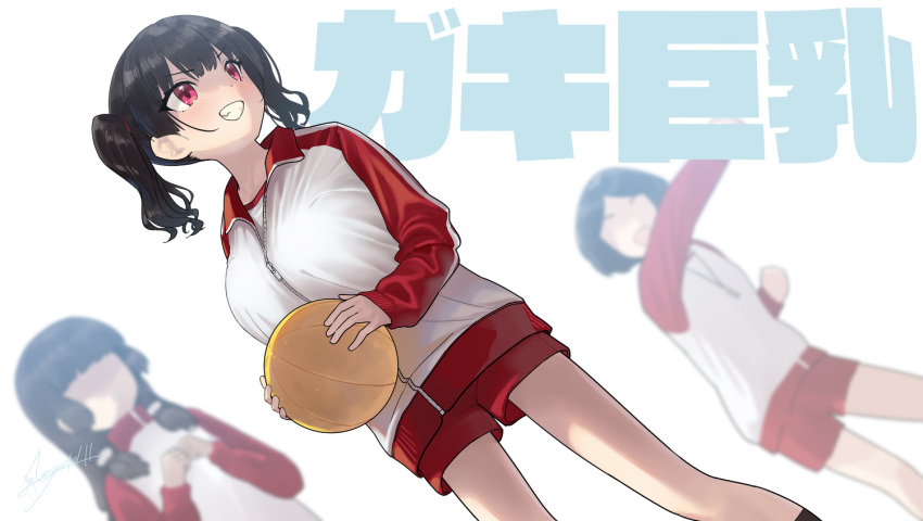3girls ball bangs black_hair blunt_bangs blush breasts clenched_teeth commentary_request eyebrows_visible_through_hair faceless faceless_female holding holding_ball jacket jersey kaedeko_(kaedelic) large_breasts long_sleeves looking_to_the_side multiple_girls original red_eyes red_shorts saki_sasaki_(kaedeko) short_hair shorts signature simple_background solo_focus teeth track_jacket translation_request twintails white_background